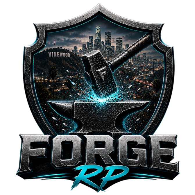 ForgeRP crest — a hammer striking an anvil inside a forged shield